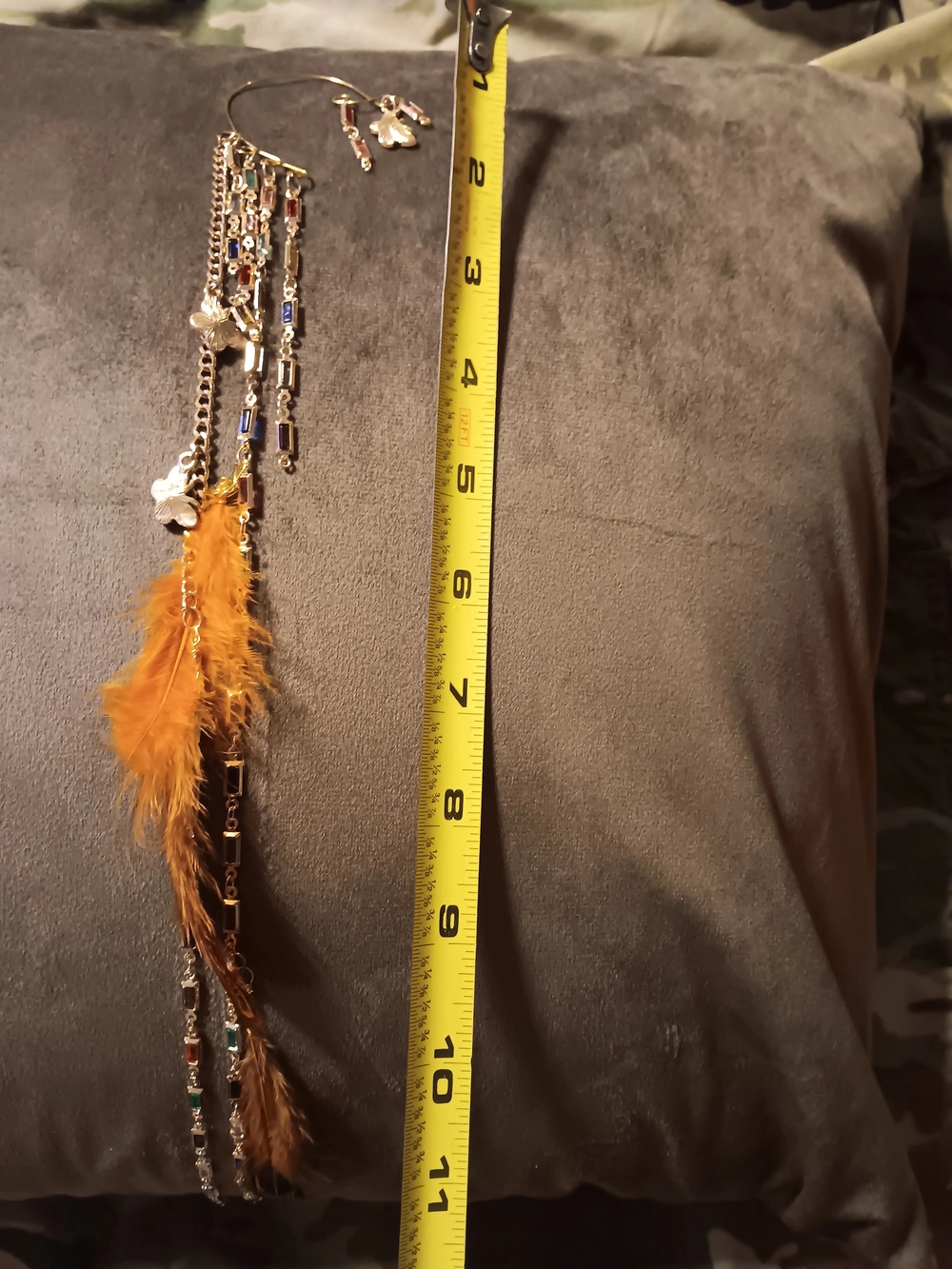 Bohemian Feather & Bead Dangle Cuff Earring in Orange